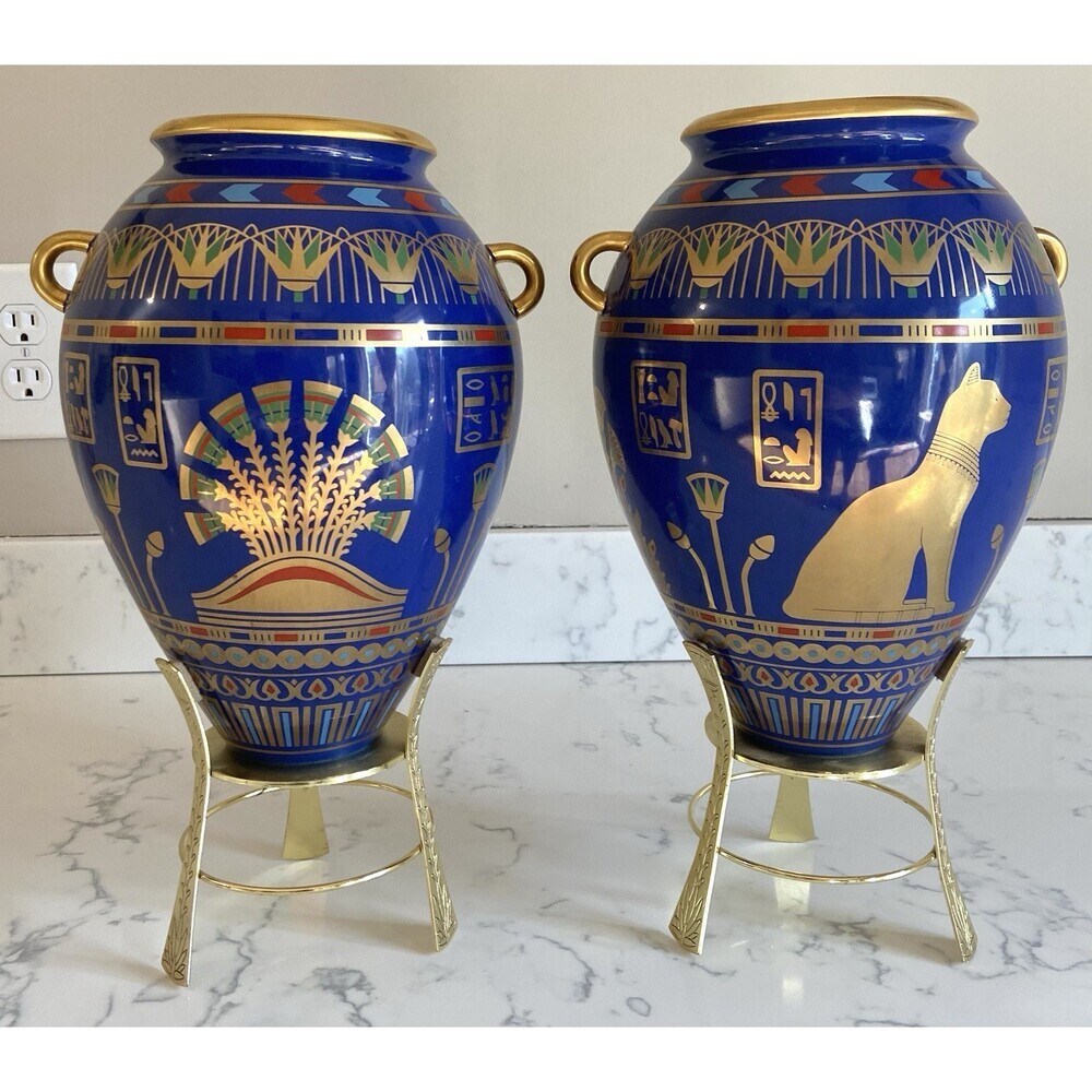 1987 Franklin Mint "The Golden Vase Of Bast" Decorated w/ 24k Gold - Set Of 2